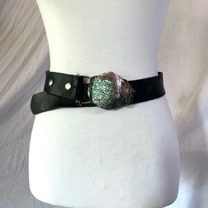 Y2K Black Leather Belt Abalone Sea Shell Sterling Silver Buckle Coastal Cowgirl